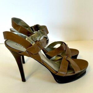 GUESS Brown Leather Strappy Platform Stiletto 5” Heels Sz 10M